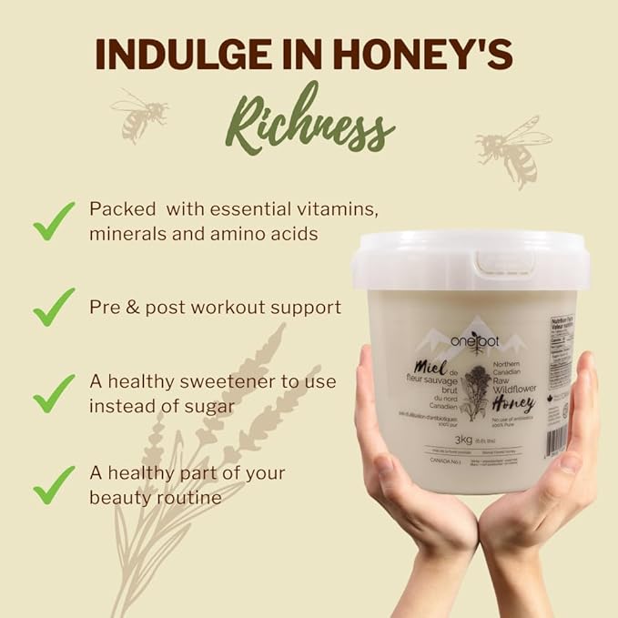 Oneroot 100% Canadian Flower Honey - Honey Wildflower Unfiltered, Unheated & Creamed, Nutrient Rich Raw Wildflower With Enzymes, Thick Natural Sweetener (6.6 lbs)