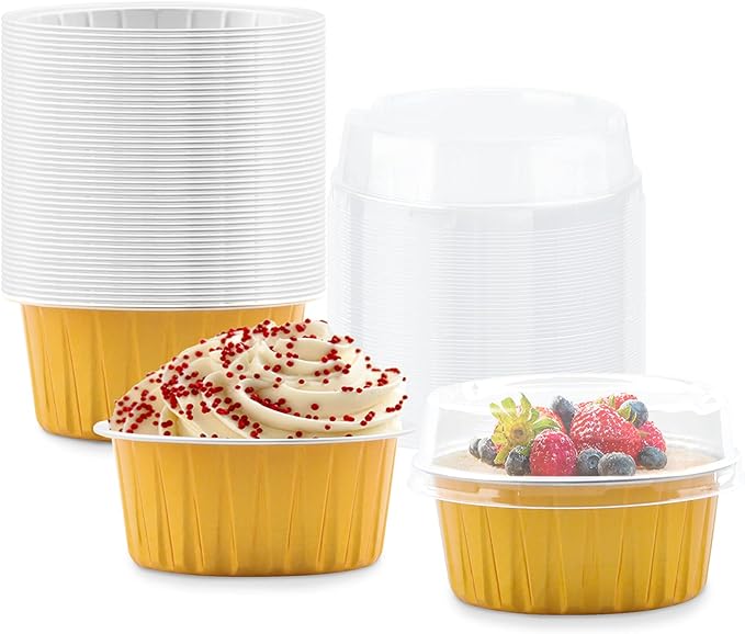 50 Pack Baking Cups with Lids, 5oz Aluminum Foil Cupcake Cups Muffin Liners, Disposable Foil Ramekins, Cupcake Holders Dessert Containers Mini Pudding Cups for Birthday, Christmas (Gold)