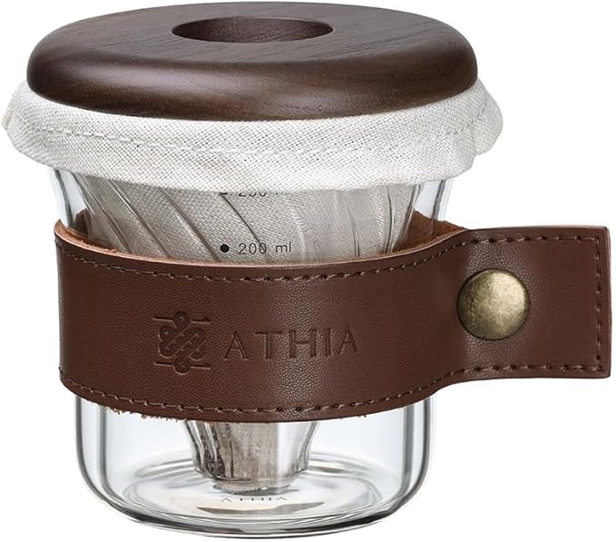 ATHIA glass pour over coffee maker set, minimalist drip coffee maker with reusable cloth filter, glass coffee dripper, walnut lid & leather sleeve for single cup manual brewing (Walnut Wood)