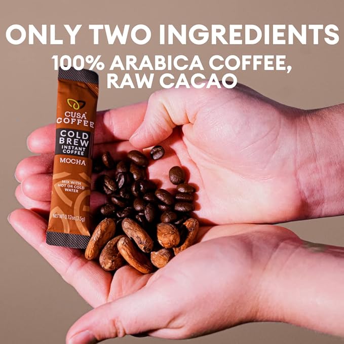 Cusa Tea & Coffee, Mocha Cold Brew. Premium Instant Coffee, Rainforest Alliance Certified Arabica Beans. Drink Mix Packets Ready in Seconds, Makes Hot or Iced Coffee (30 Servings)