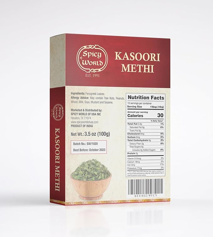 Spicy World Dried Fenugreek Leaves (Kasoori Methi) 3.5oz Box (100g) - All Natural | Vegan | Gluten Friendly | NON-GMO | Indian