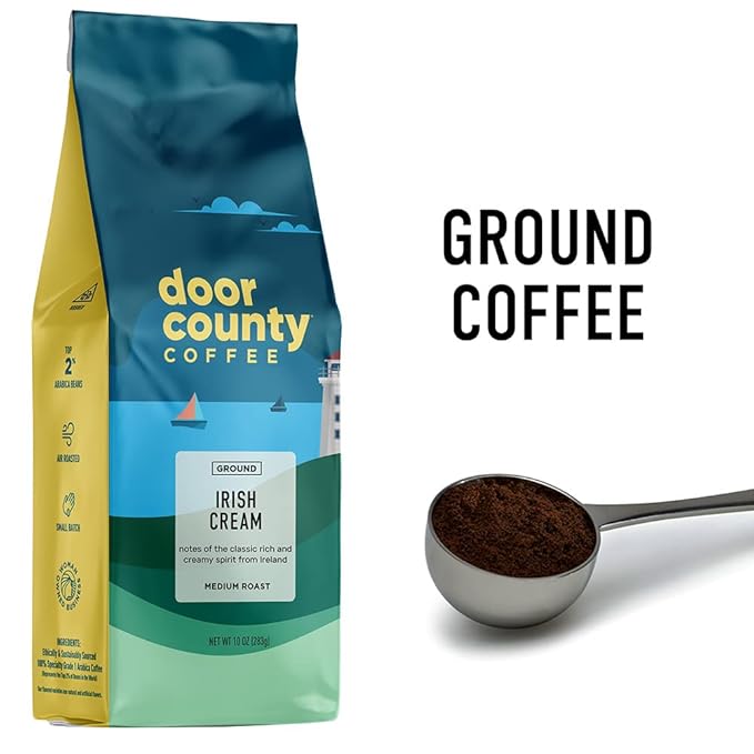 Door County Coffee Irish Cream Flavored Ground Coffee - 10 oz Bag - Medium Roast - 100% Specialty Arabica - 100% Specialty Grade 1 Arabica Coffee