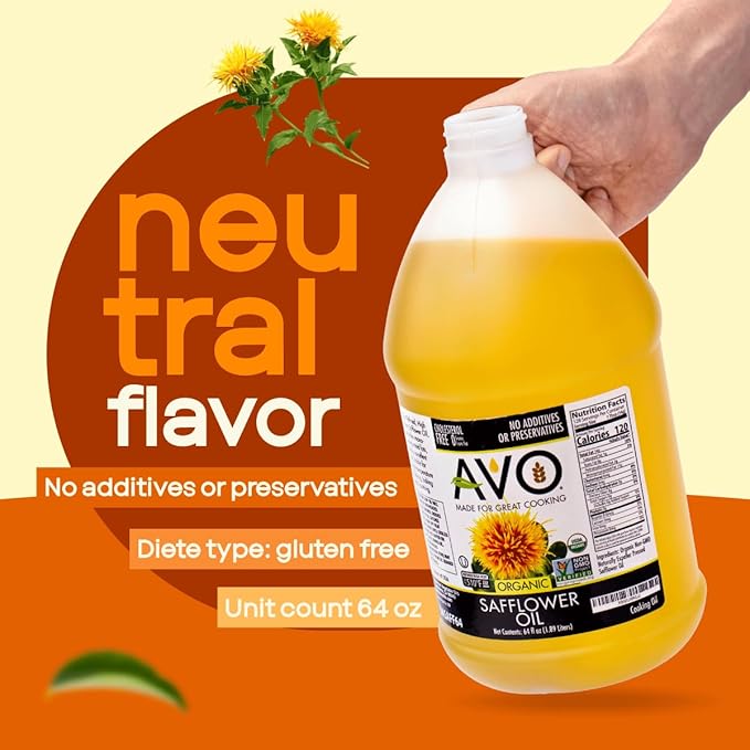 AVO Organic High Oleic Safflower Oil - Frying, Baking, Non-stick Saut챕ing, Salads, Vinaigrette, Marinades, Pan Coating, General Cooking 64 Fl-oz (Half a Gallon), No preservatives, Naturally Processed