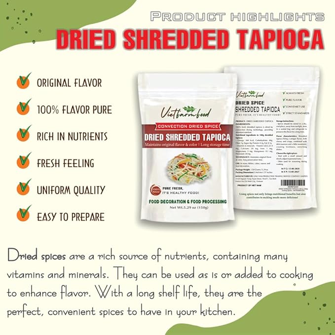 DRIED SHREDDED TAPIOCA 5.29 Oz (150g) VIETFARMFOOD: Natural pure, convection dried seasoning made from real vegetables - perfect for adding flavor to any meal, from cooking, baking, soups, sauces