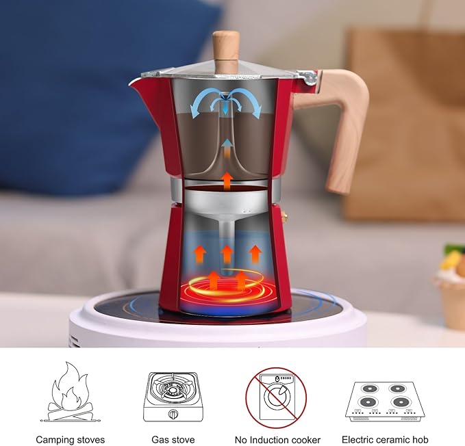 Sivaphe Aluminum Moka Pot 3 Espresso Cups, Percolator Espresso and Coffee Maker, Portable Stovetop Italian and Cuban Cafì±?Brewer for Home and Camping Red