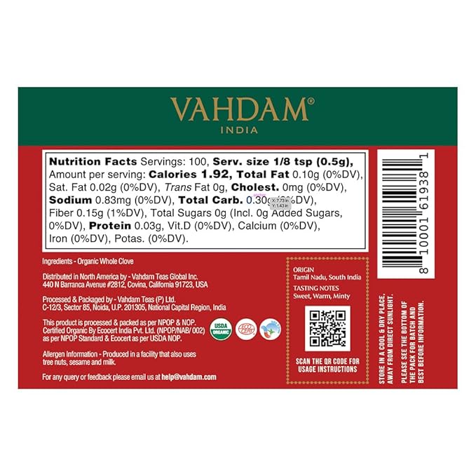 VAHDAM, Organic Clove Whole (1.7oz/50g) Handpicked Whole Cloves, Gluten Free, Non GMO, 100% Raw | Warm & Flavorful Spice | Great for Cooking, Smoothies, Pomander Balls, Potpourri & Tea