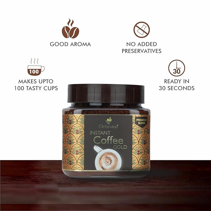 Octavius Gold Instant Coffee – Indian Medium-Dark Roast, 100% South India Beans | Smooth & Balanced Ground Coffee | Rich Aroma & Bold Flavor | 3.5 oz (100g) Jar