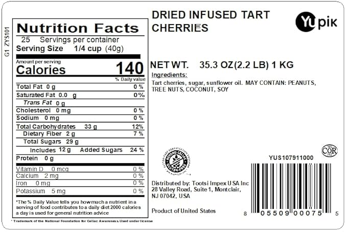 Yupik Dried Cherries, 2.2 lb, Gluten-Free, Kosher, Sweetened Dried Fruits, Tart & Sweet Whole Cherries, Pitted, Source of Fiber, Fruity Snacks, Ideal for Baking & Topping