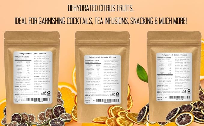 3-Pack Dehydrated Orange, Lemon, Lime Slices | 4.5 OZ | Approx 50+ Slices In Total | 100% Natural | For Cocktails, Wreath Making, Tea, Cakes, Decoration | Dried Orange For Cocktails | Drink Botanicals