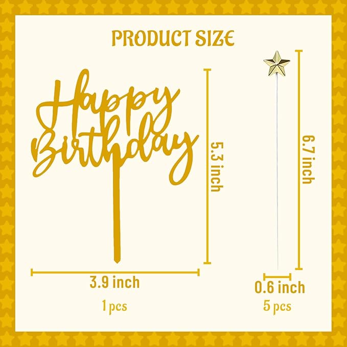 ZHENGYE Set of 1 Black Acrylic Happy Birthday Cake Topper And 5 Pieces Gold Star-Shaped Cupcake Topper Cake Decoration Supplies for Baby Shower Birthday Decorations(Black 16)