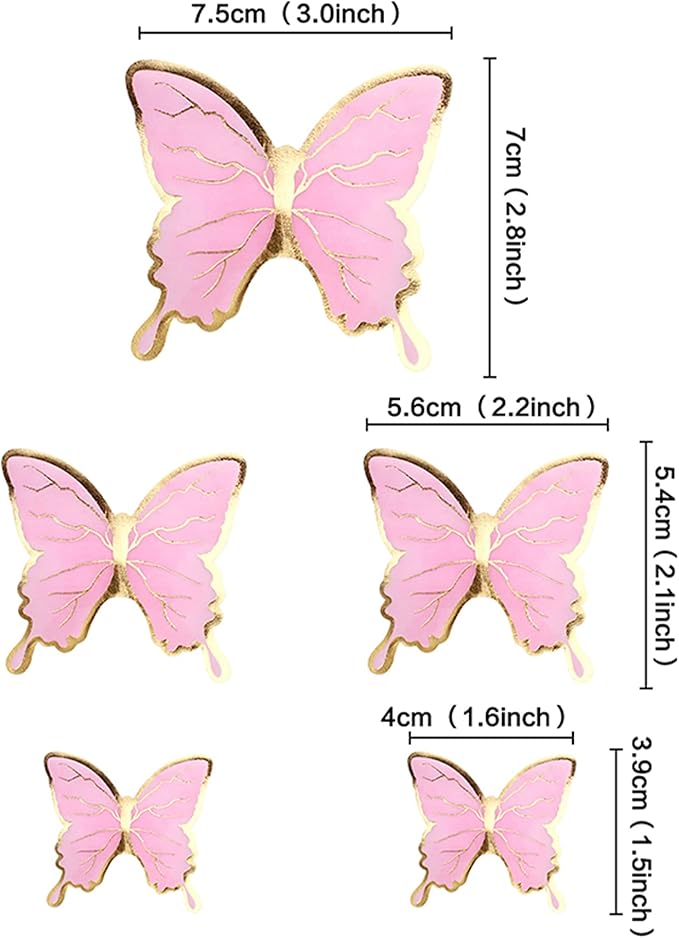 30PCS Butterfly Cake Toppers 3D Pink Gold Tail Butterfly Birthday Party Cupcake Toppers Decorations for Anniversary Wedding Party Baby Shower Supplies Wall Decor