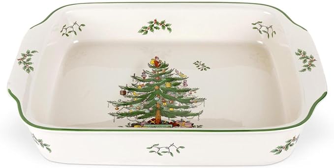 Spode Christmas Tree Rectangular Handled Dish (9" x 12") Baking & Seasonal Platters - Earthenware, Microwave & Dishwasher Safe - Festive Tableware for Holiday Entertaining & Christmas Dining
