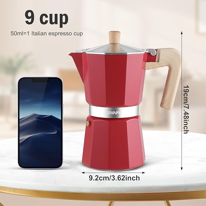 Sivaphe Aluminum Moka Pot 9 Espresso Cups, Percolator Espresso and Coffee Maker, Portable Stovetop Italian and Cuban Cafì±?Brewer for Home and Camping Red