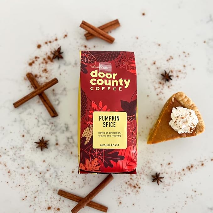 Door County Coffee Pumpkin Spice Flavored Decaf Coffee Ground - 8 oz Bag - Medium Roast - Cinnamon & Nutmeg Flavored