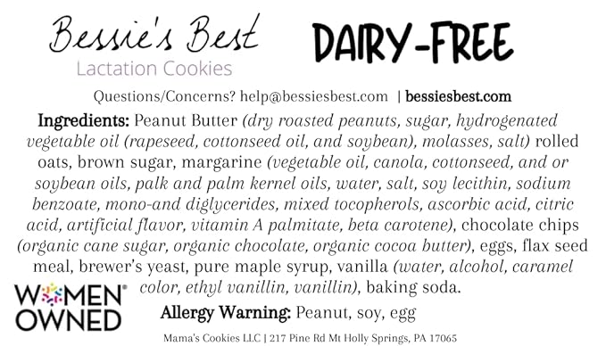 Bessie?셲 Best Lactation Cookies | Dairy Free Lactation Cookies | Oatmeal Peanut Butter Chocolate Chip | Increase Milk Supply | Breastmilk Boosting Cookies | Breastfeeding Snacks | 3 Dozen