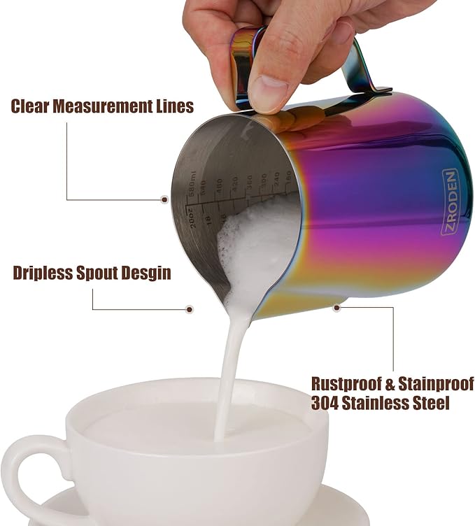 Milk Frothing Pitcher, 20oz Espresso Steaming Pitchers Stainless Steel Cappuccino Coffee Machine Accessories Barista Tools Steam Froth Pitchers Milk Jug Cup with Decorating Pen Latte Art, Rainbow