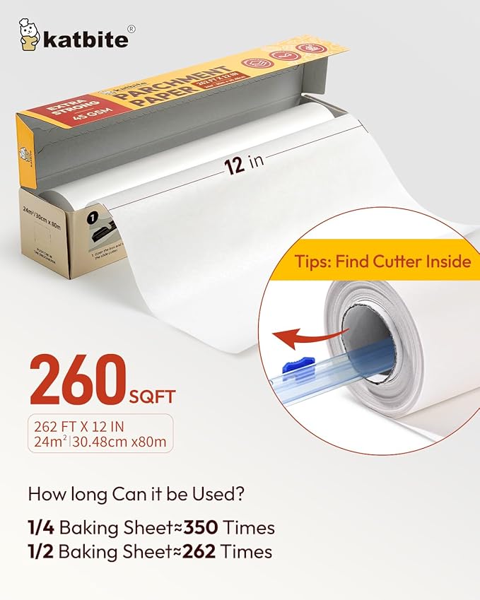Katbite Heavy Duty Parchment Paper Roll for Baking, 12 in x 262 ft Non-Stick Baking Paper for Cooking, Baking Cookies, Grilling, Air Fryer and Steaming (1Pack)