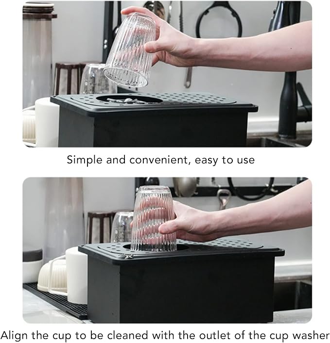 Pitcher Rinser, Stainless Steel Kitchen Sink Glass Rinser with Drain and Drip Tray, Countertop Automatic Cup Washer for Bar, Home, Cafe, Restaurant, Household & Commercial (Black) (Large)