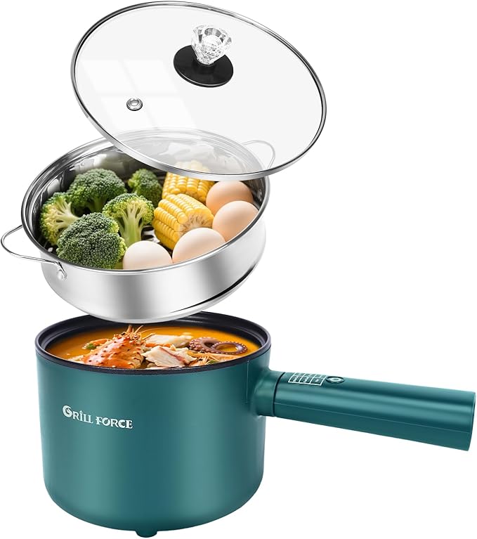 Hot Pot Electric with Steamer,6 Smart Modes, 1.8L Ramen Cooker, Portable Cooker, Non-Stick Frying Pan, Saut챕 Pan, Electric Pot for Pasta, Egg, Steak, BPA Free, College Dorm Room Essential
