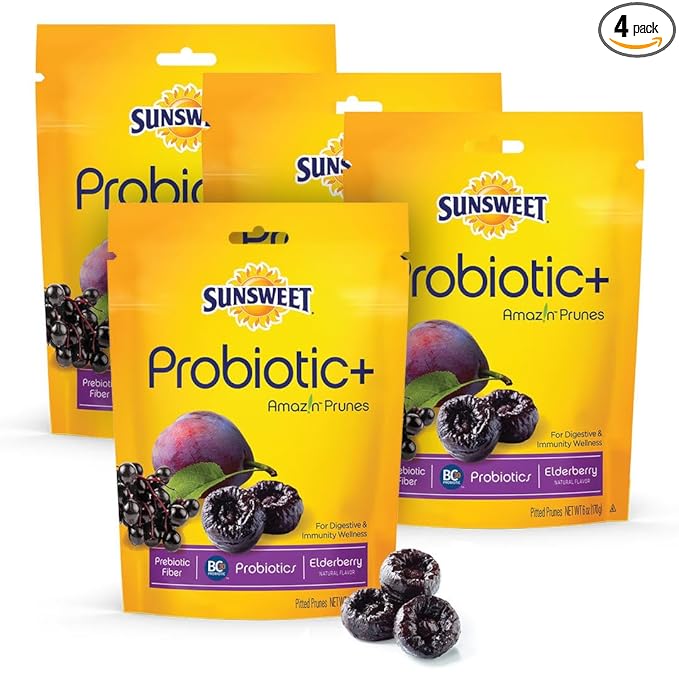 Sunsweet Pitted Prunes with Probiotics - Unsweetened, Dried, Gluten Free & Unsulphured - Natural Elderberry Flavor - Fiber & Minerals, 6oz - 4 Pack