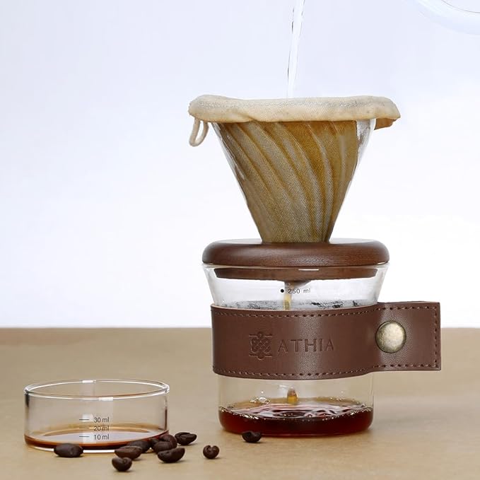 ATHIA glass pour over coffee maker set, minimalist drip coffee maker with reusable cloth filter, glass coffee dripper, walnut lid & leather sleeve for single cup manual brewing (Walnut Wood)