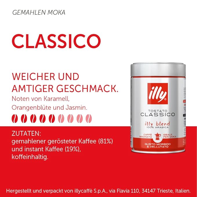 illy Ground Coffee Moka - 100% Arabica Flavored Coffee Ground - Rich Aromatic Coffee Grounds Profile ??Classico Medium Roast - Notes of Caramel, Orange Blossom & Jasmine - No Preservatives ??8.8 Ounce