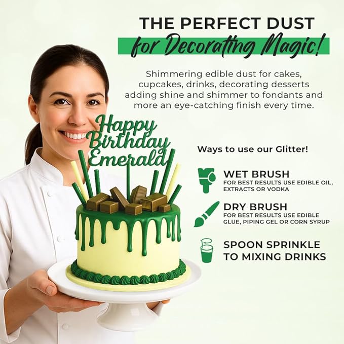 Bulk (20g) Luster Dust Edible Cake Decorations, Edible Luster Dust for Cakes, Green Edible Luster Dust for Cupcake Decorations, Cake Drip, Edible Paint, Green Edible Shimmer Dust for Drinks