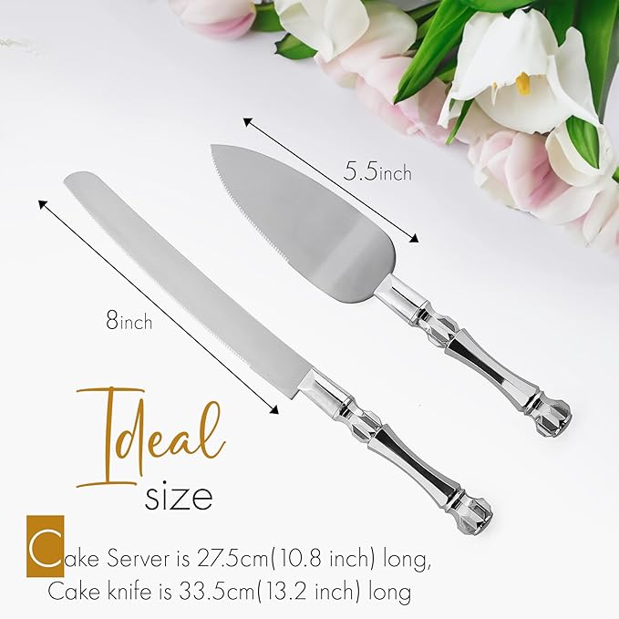 Cake Knife and Server Set, Cake Cutter and Pie Spatula, Cake Server and Knife Set with Acrylic Crystal Handles, Cake Cutting Set for Wedding Cake ??1.2mm Thick Blades, Birthdays, and Parties (Silver)