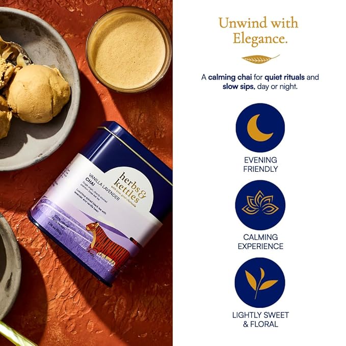 Herbs & Kettles Vanilla Lavender Chai | Assam Black Tea with Real Vanilla Bean, Lavender Flowers, Cardamom, Cinnamon & Ginger | Floral Loose Leaf Blend | Makes 10-14 Servings | Premium Tea Gift