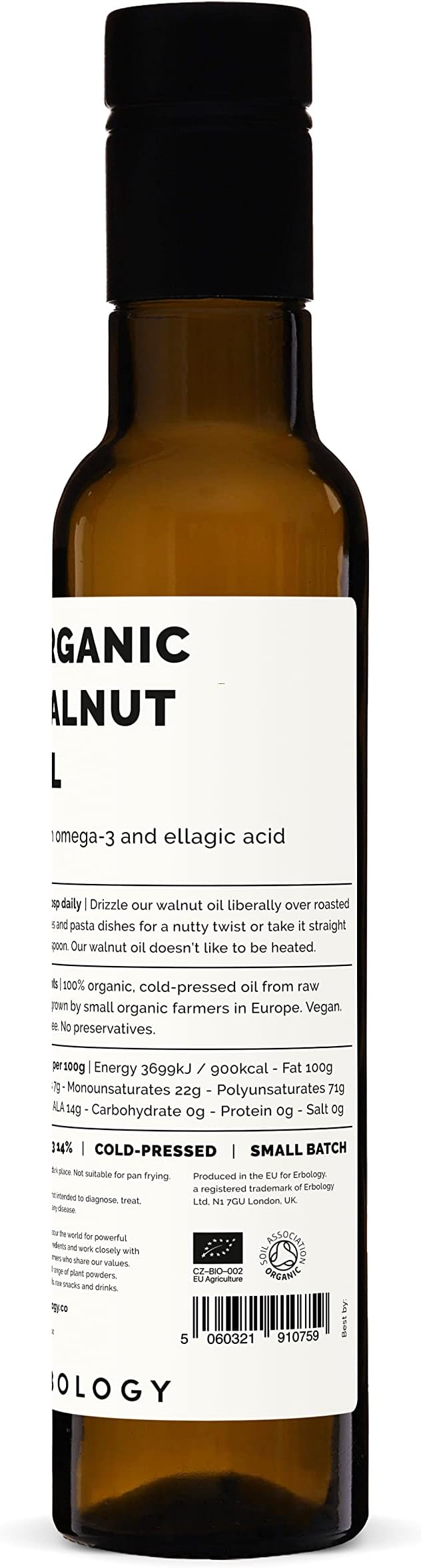 Erbology Organic Walnut Oil 8.5 fl oz - Cold-Pressed - Supports Cognitive Health - Straight from Farm - Non GMO - No Additives or Preservatives - Recyclable Glass Bottle