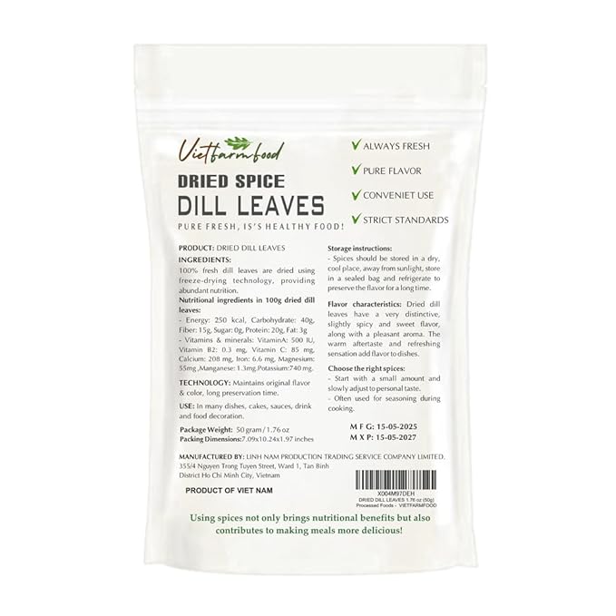 DRIED DILL LEAVES 1.76 Oz (50g) VIETFARMFOOD: Pure, natural freeze-dried spice made from real vegetables and fruits - perfect for enhancing every meal, from cooking, baking, salads, soups, sauces