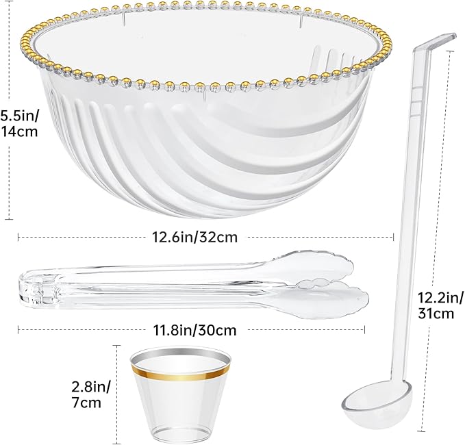 NiHome Large Plastic Punch Bowl with Ladle, Tongs and 25 Gold-Rimmed Cups for Wedding, Birthday, BBQ, Baby Shower, Holiday, 1.7 Gallon Reusable Clear Party Bowl Set for Drinks, Salads, Snacks & More