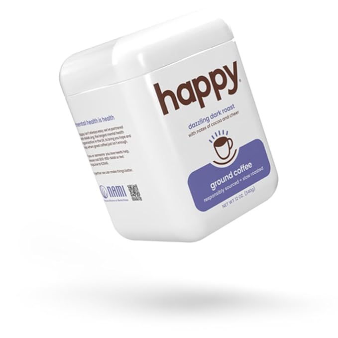 happy coffee dark roast ground coffee, 12 oz., notes of cocoa & cheer, recyclable container, grown & harvested in Brazil, Rwanda & Colombia