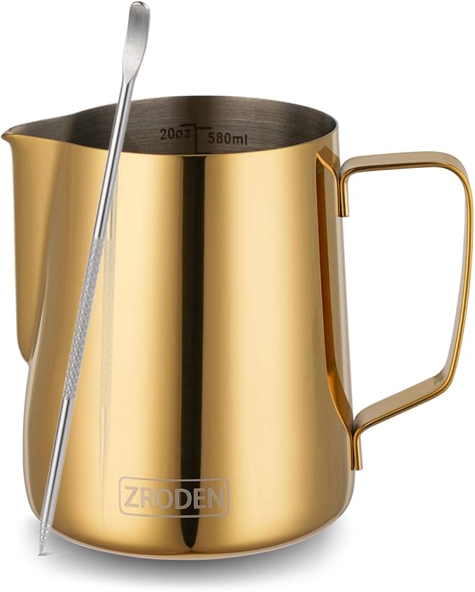 Milk Frothing Pitcher, 20oz Espresso Steaming Pitchers Stainless Steel Milk Coffee Cappuccino Barista Steam Pitchers Milk Jug Cup with Decorating Pen Latte Art, Gold