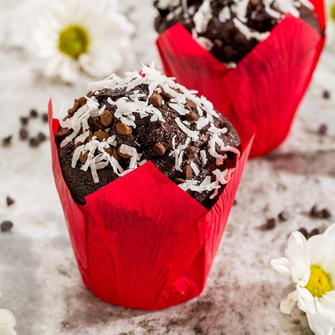Restaurantware Panificio Premium 4 oz Red Paper Tulip Baking Cup: Paper Baking Cups Perfect for Muffins Cupcakes or Mini Snacks - Greaseproof - Disposable and Recyclable - 200ct Box