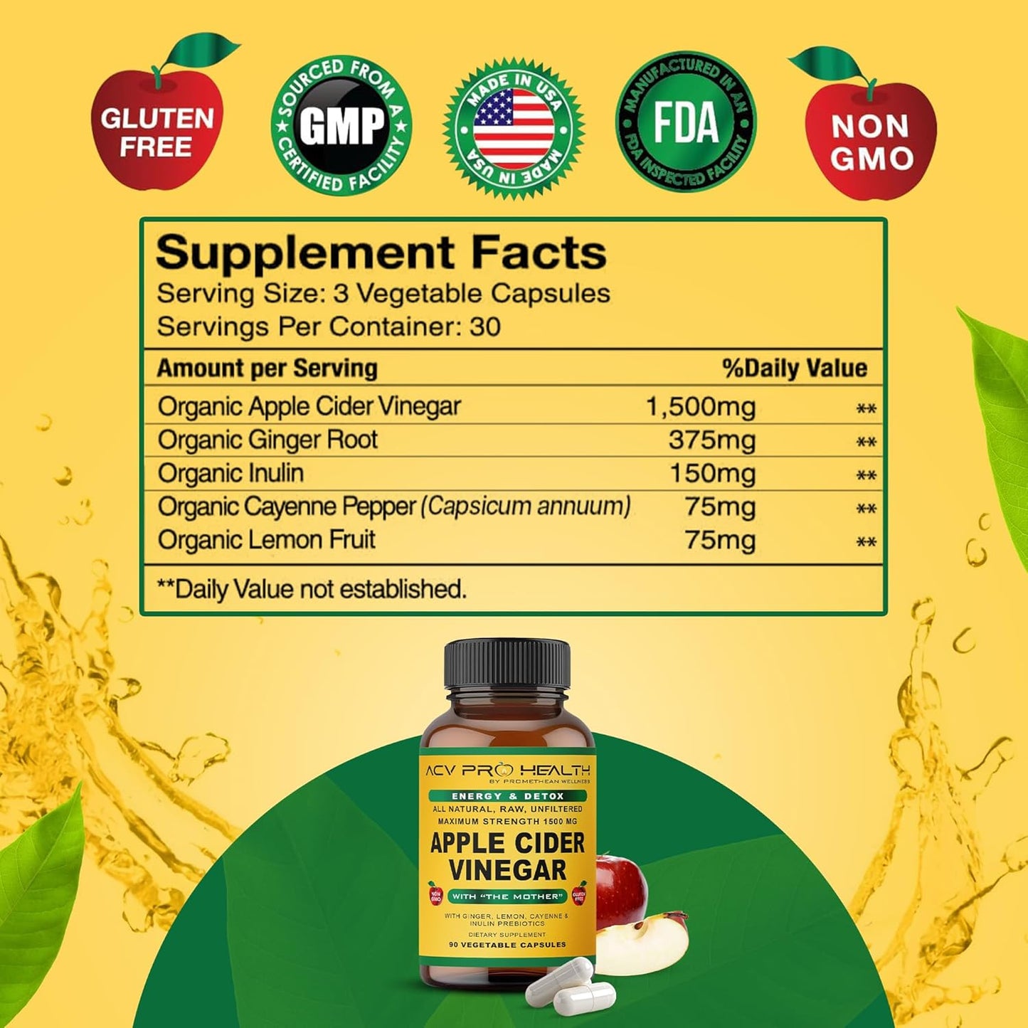 ACV Pro Apple Cider Vinegar Capsules Certified Organic with Mother ACV Pills Detox Cleanse Acid Reflux Relief Support Supplement Ginger Root Cayenne Pepper Powder