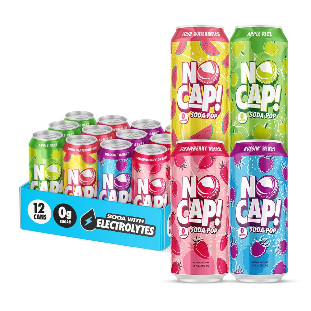 NO CAP! Next Gen Soda Pop with Electrolytes for Hydration, Zero Sugar, Zero Calories, Caffeine-Free Soda, Vegan & Gluten-Free, 16 oz Cans 12pk (Variety Pack)