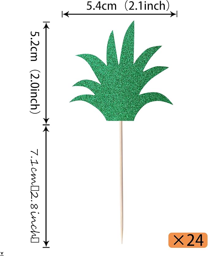 Rsstarxi 24 Pack Pineapple Leaf Cupcake Toppers Green Glitter Pineapple Leaves Cupcake Picks for Summer Tropical Theme Luau Party Hawaiian Wedding Baby Shower Birthday Party Cake Decoration Supplies