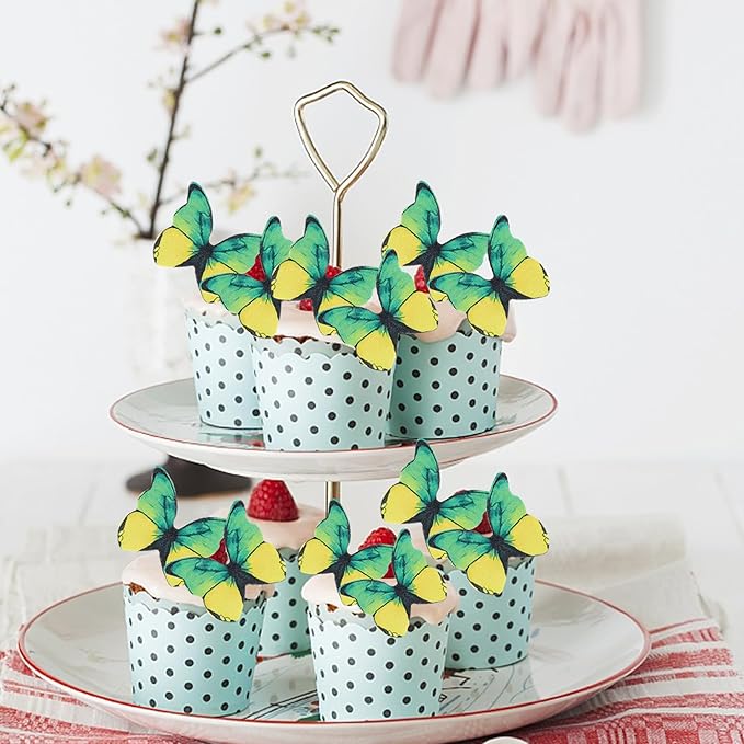48PCS Edible Butterfly Cupcake Toppers - Edible Butterflies Cake Decoration for Wedding, Birthday, Baby Shower & Kids Parties - Yellow & Green