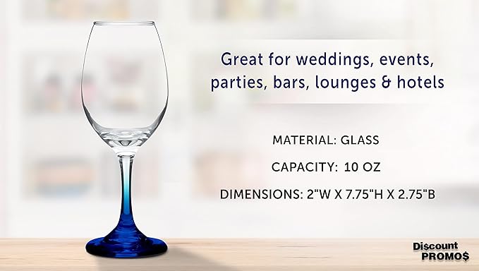 DISCOUNT PROMOS Rioja Wine Glasses with Stem 10 oz. Set of 10, Bulk Pack - Color Bottom, Perfect for Wedding, Party Favors, Birthday, Bridal Shower Gifts - Blue