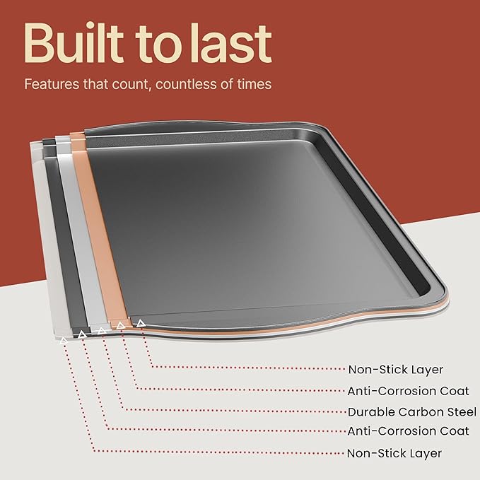 BAKKEN Cookie Sheets for Baking Nonstick Set - 3-Piece Stackable Carbon Steel Baking Sheet Pans Set with Silicone Handles, Non Toxic Cookie Sheets for Baking Bakeware Set - Gray Marble