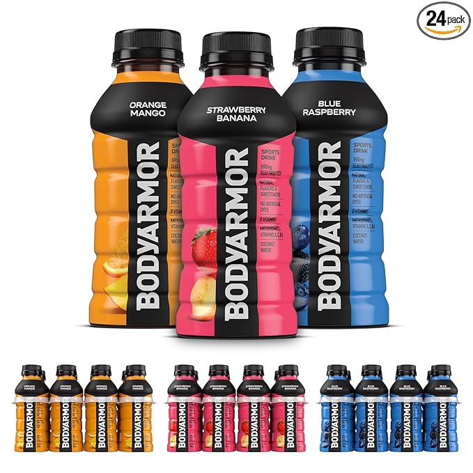 BODYARMOR Sports Drink Variety Pack, Coconut Water Hydration, Natural Flavors w Vitamins, Potassium Packed Electrolytes For Athletes, Strawberry Banana, Blue Raspberry, Orange Mango, 12 Oz - 24 pack
