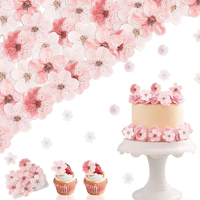 50pcs Edible Flowers Cake Decorations ??Flower Cupcake Toppers, Edible Flowers Cherry Blossoms Cake Topper Cupcake Toppers Decorations for Wedding Birthday Party