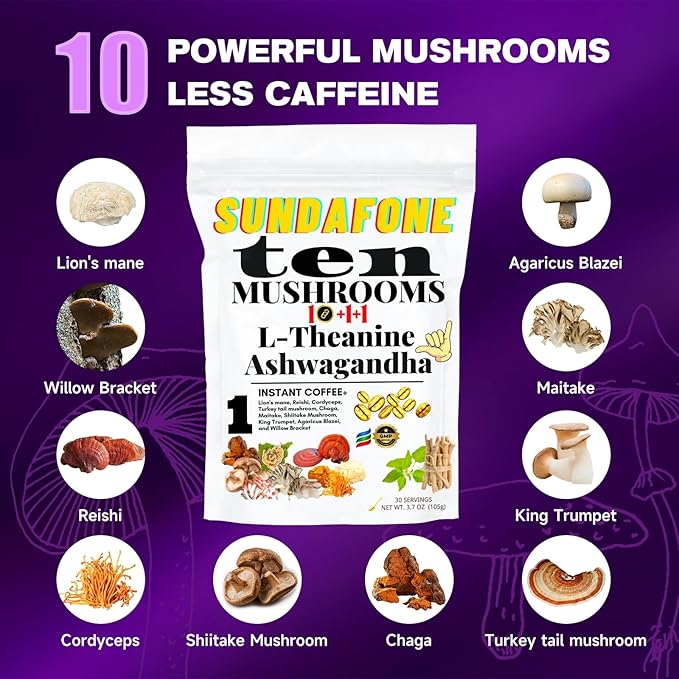 SUNDAFONE Mushroom Coffee with L-Theanine, Ashwagandha, Lion's Mane, Reishi for Focus, Immunity, Memory, Clarity, 12 Adaptogenic Instant Coffee