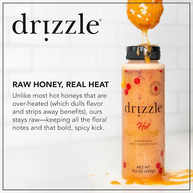 Drizzle Hot Honey - All Natural Raw Spicy Honey Sauce, Infused with Organic Chilies, Unfiltered & Unheated, Versatile Use for Cooking, Certified Kosher, Gluten Free - 11.6 oz (330 g)