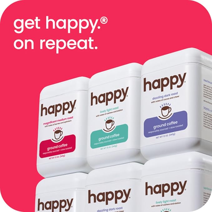 happy coffee medium roast ground coffee, 12 oz., notes of berries & optimism, recyclable container, grown & harvested in Brazil & Colombia, ra챠z sustainability verified