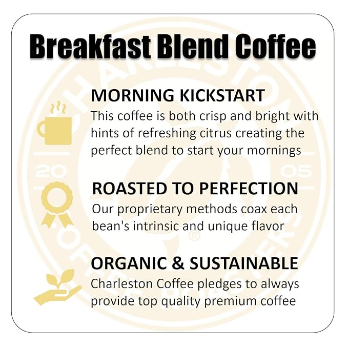 Charleston Coffee Roasters | Specialty Organic Ground Coffee | Hand Picked, Premium Slow Roast (Breakfast Blend, Medium Roast) 12oz, 6 pack