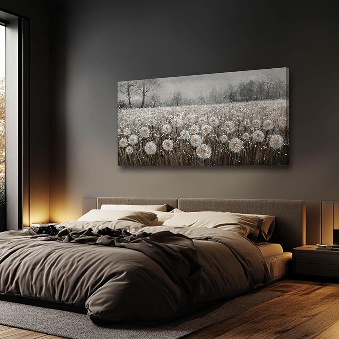 White Flowers Wall Art for Living Room Framed Wall Decor Dandelion Wall Art Artwork Canvas Paintings for Home Office 29"x58??,<div>