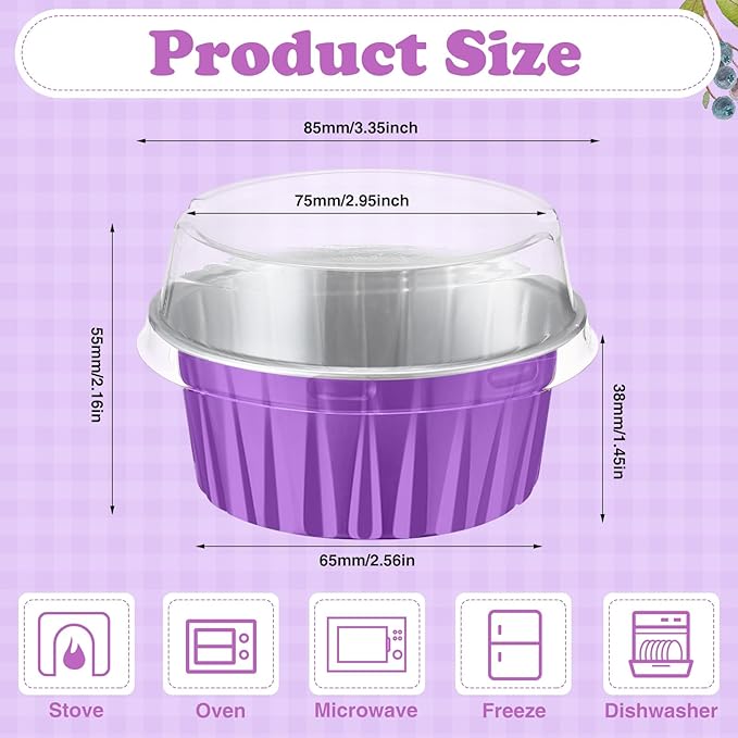Gejoy 400 Pcs Aluminum Foil Baking Cups with Lids 5 oz Disposable Ramekins Mini Cake Pans Creme Brulee Cupcake Liners Muffin Tins Flan Mold Dessert Container for Wedding(Purple,Classic)