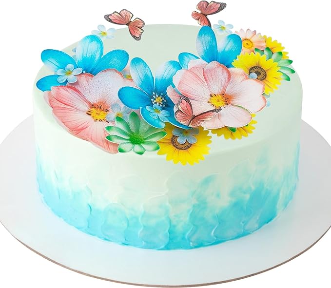 Morofme 55pcs Edible Flower Butterflies Cake Topper Wafer Paper Flower Cupcake Toppers Hawaiian Flower Cake Decorations Mixed Size for Tropical Luau Themed Birthday Baby Shower Party Supplies